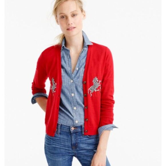 J. Crew NWOT Red 100% Merino Wool Zebra Novelty Print Cardigan Sweater Size S - Picture 1 of 11